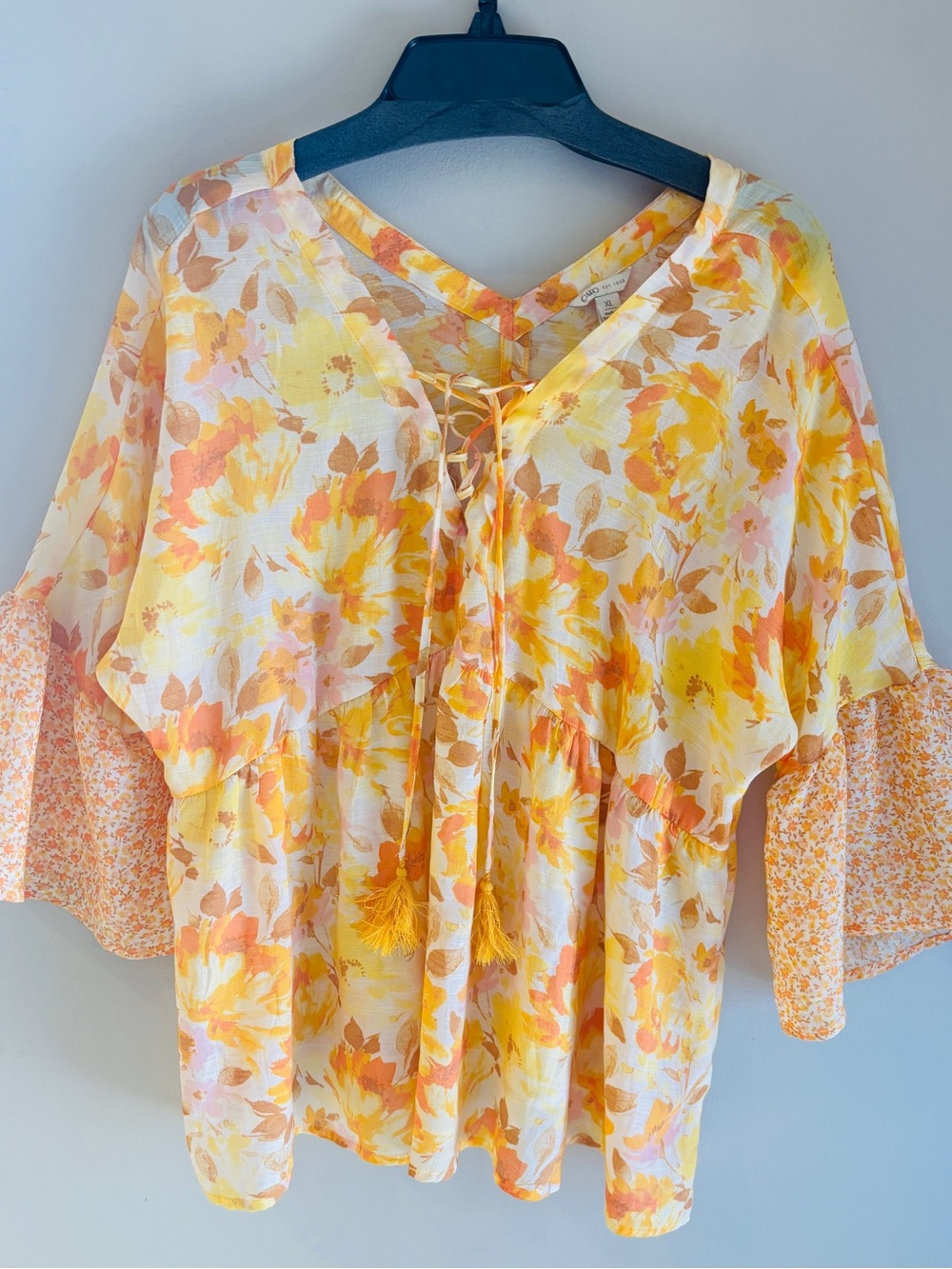 Cato Yellow & Orange Floral Lace-Up Tunic